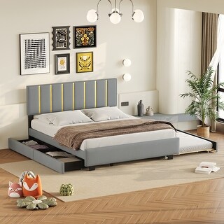 Antique Gray Wood Queen Size Platform Bed with Trundle & Drawers main image 0